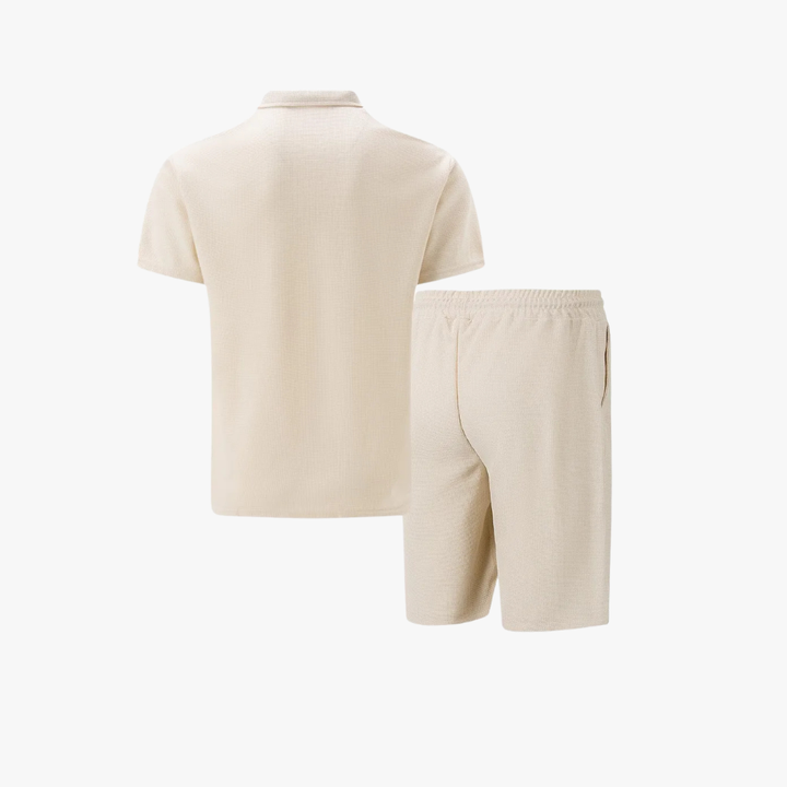 Men's summer co-ord set with a stylish polo shirt & drawstring shorts. Ideal for relaxed vacation wear.