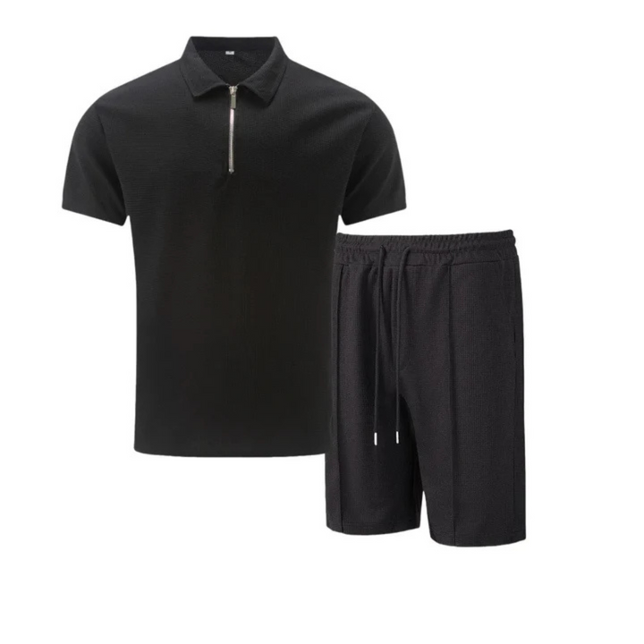Men's stylish co-ord set: zip polo top & comfy drawstring shorts for summer and casual wear.