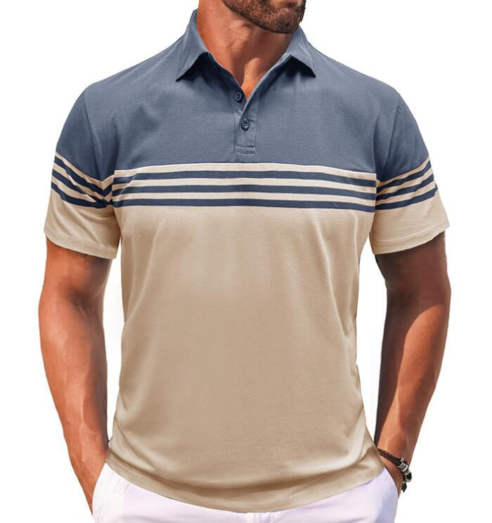 Men's stylish color block short sleeve polo shirt, perfect for casual wear. Modern fit for everyday comfort.