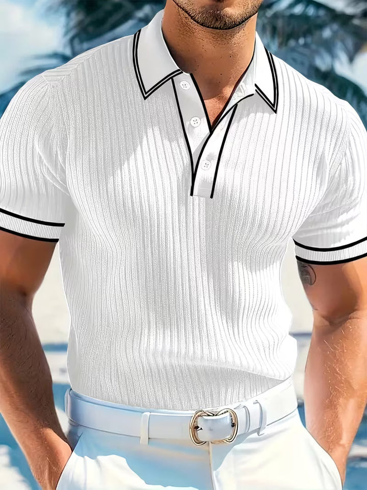 Dynamic color-blocked men's short sleeve polo shirt. A stylish top for versatile smart casual and everyday fashion.