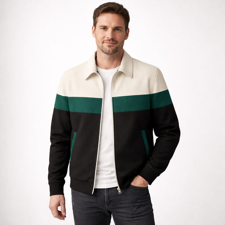 Men's stylish colourblock zip jacket with modern contrast panels, perfect casual outerwear for everyday.