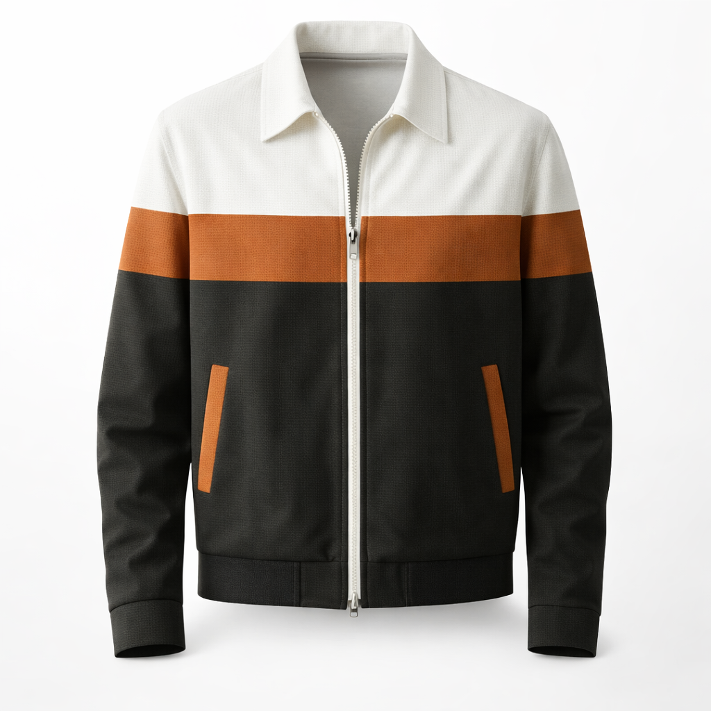 Versatile men's colourblock zip jacket. Modern contrast outerwear ideal for fall and spring fashion.
