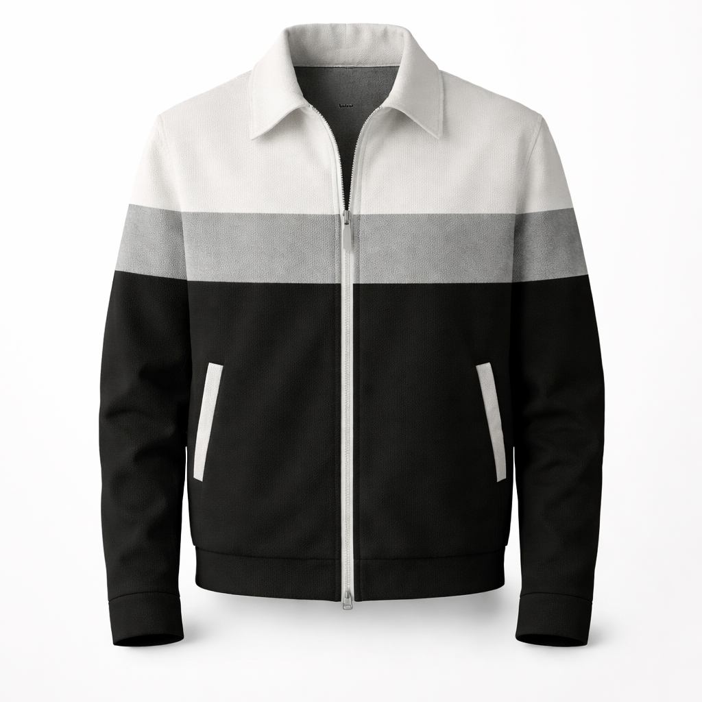 Lightweight men's colourblock zip jacket featuring stylish contrast panels for modern casual wear.