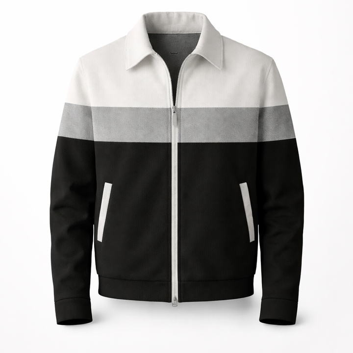 Lightweight men's colourblock zip jacket featuring stylish contrast panels for modern casual wear.