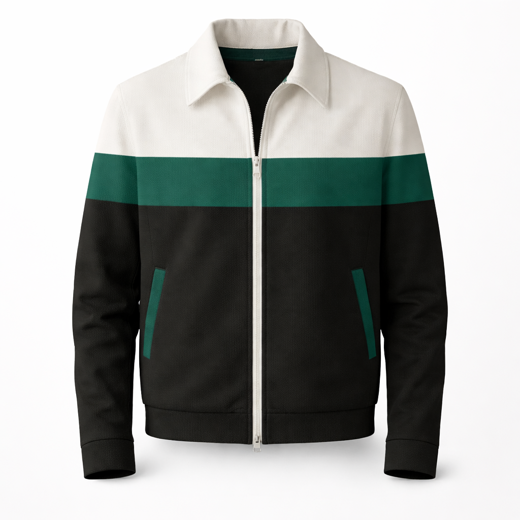 Men's modern colourblock zip jacket with bold contrast panels, a stylish piece of everyday casual outerwear.