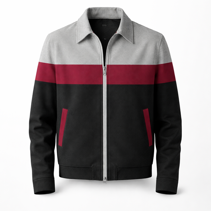 Stylish men's colourblock zip jacket. Modern contrast casual outerwear, perfect for versatile fashion.
