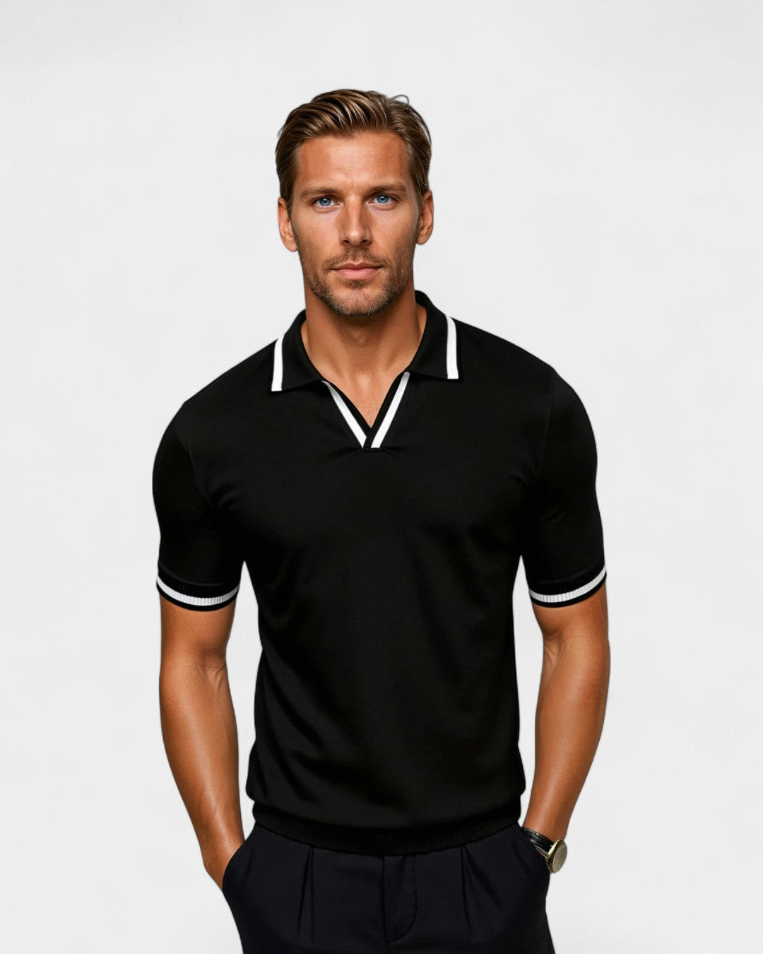 Men's stylish contrast collar polo shirt with short sleeves, breathable fabric, ideal for smart casual summer wear.