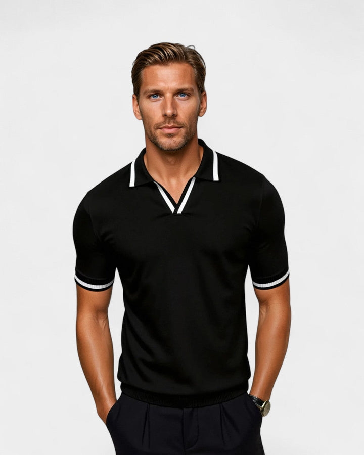 Men's stylish contrast collar polo shirt with short sleeves, breathable fabric, ideal for smart casual summer wear.