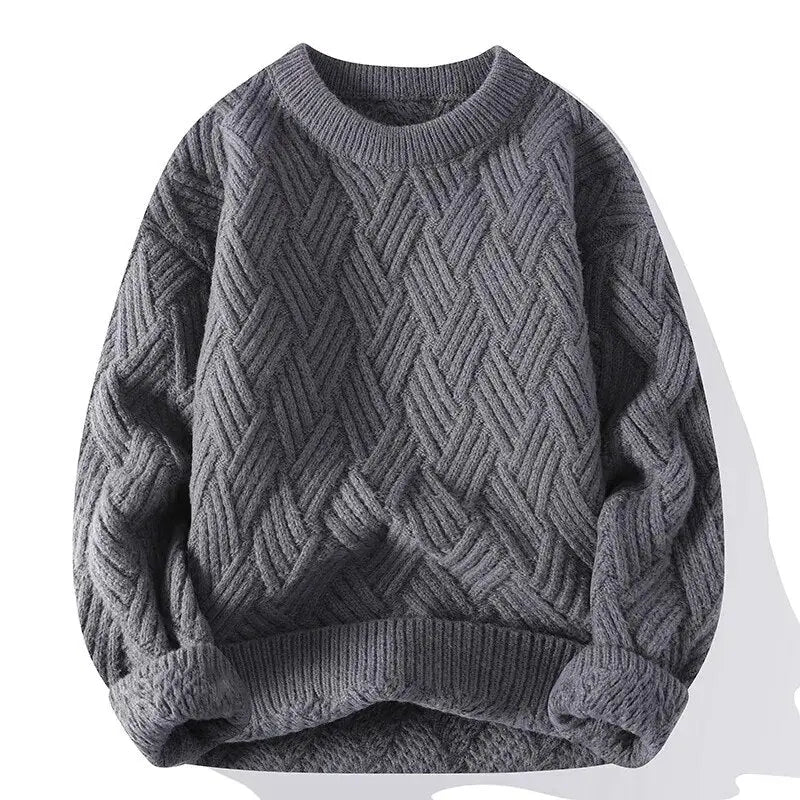 Men's stylish crewneck patterned sweater, unique textured knit for casual fall wear.