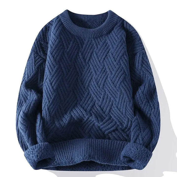 Modern men's crewneck sweater, stylish patterned design, comfortable relaxed fit for casual fashion.