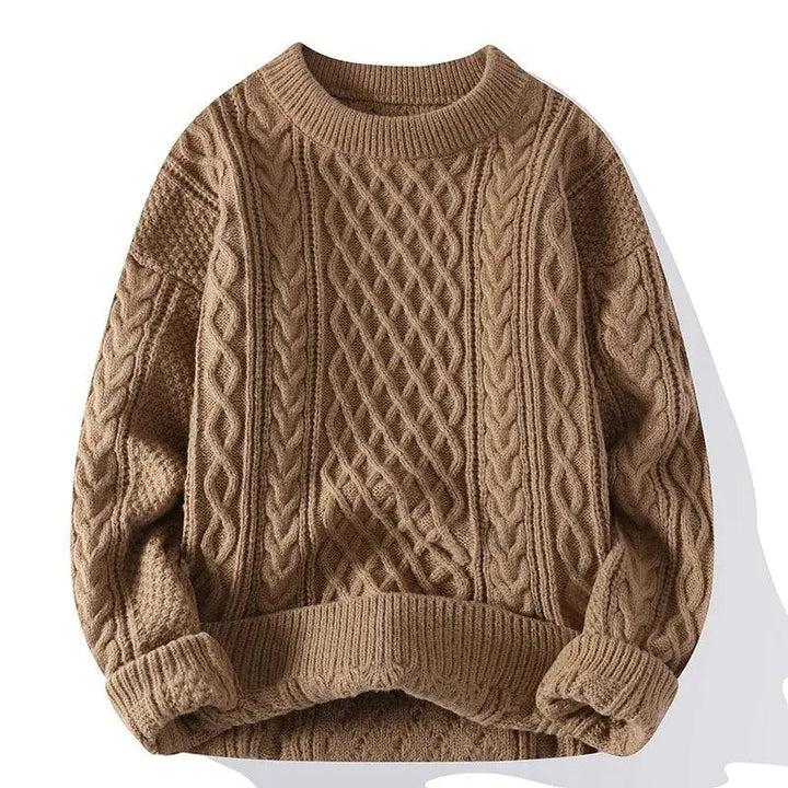 Detail of a men's patterned crewneck sweater showcasing its unique textured knit and stylish design.