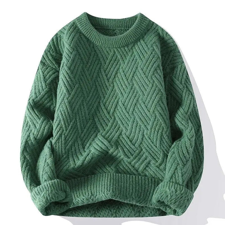 Warm men's crewneck patterned sweater with a unique textured knit, perfect for stylish fall/winter comfort.