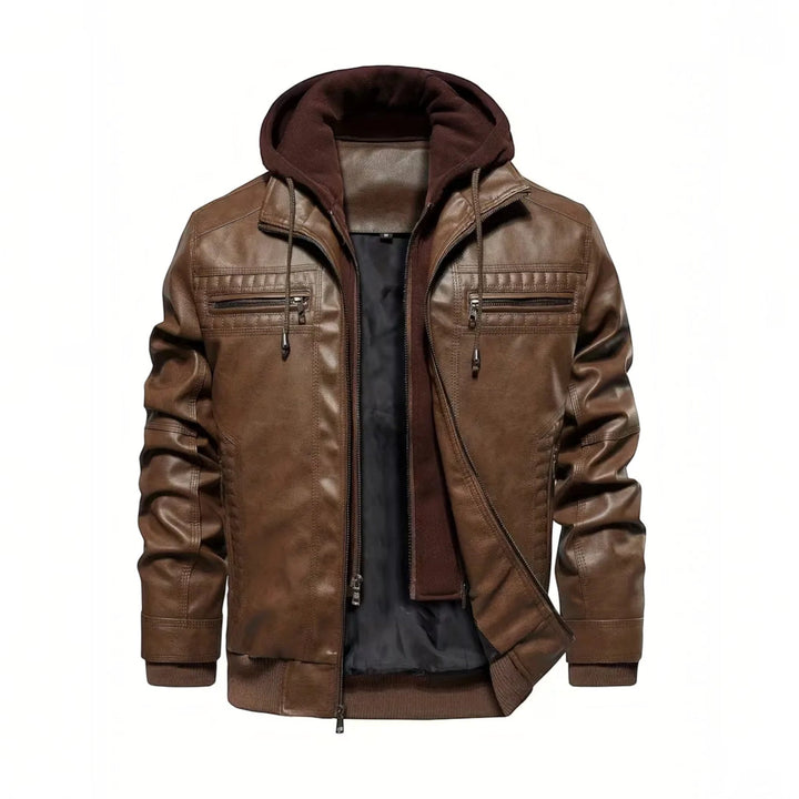 Men's stylish dark brown leather-look bomber jacket with hood and front zip closure. Casual fashion outerwear.