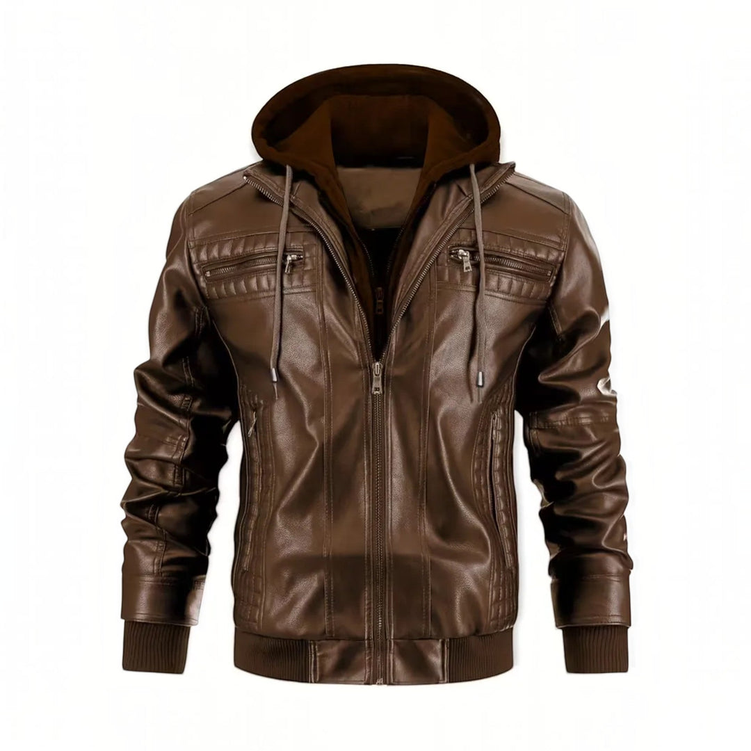 Comfortable men's dark brown leather-look bomber jacket. Hooded, zip closure, perfect for stylish everyday outfits.