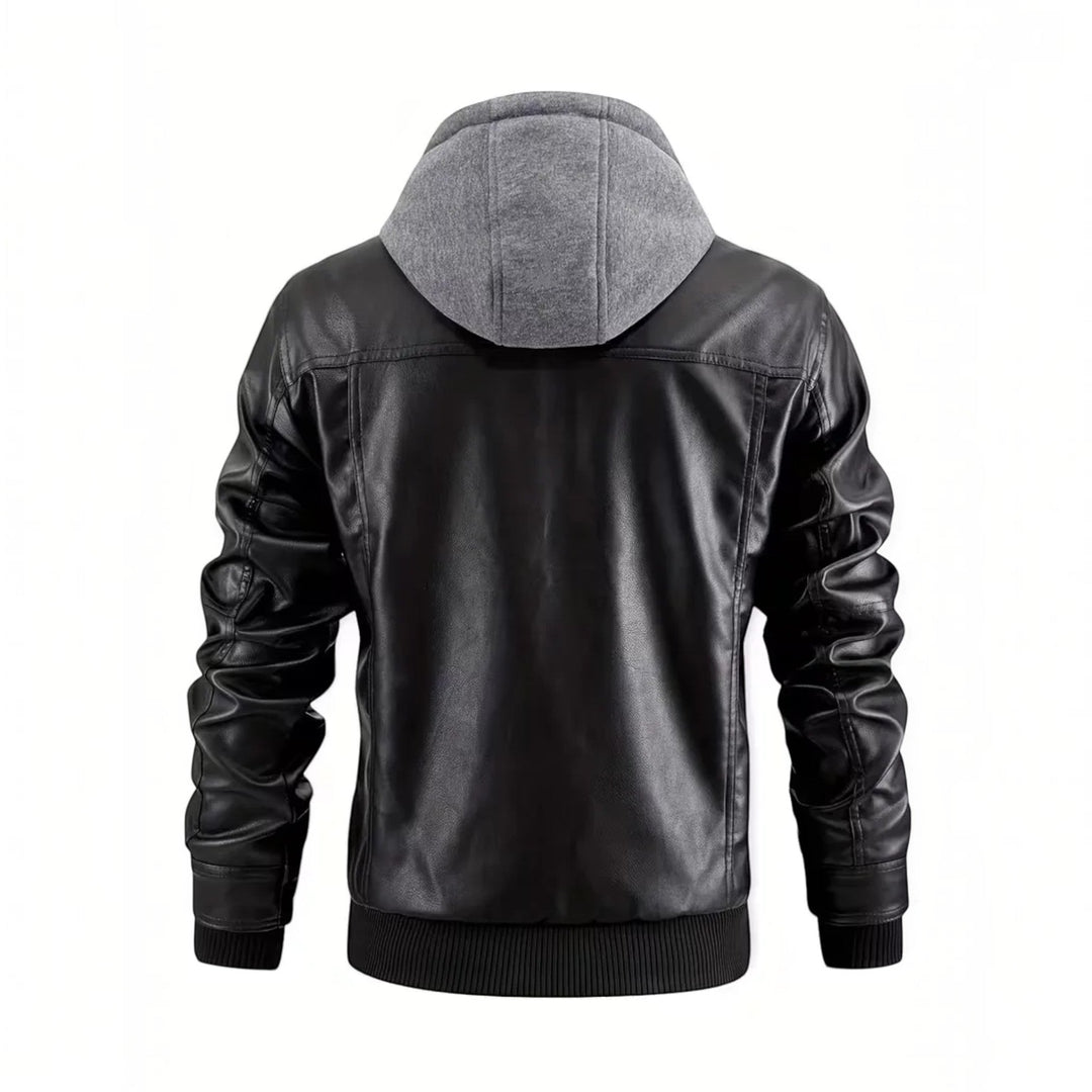 Black men's hooded bomber jacket, faux leather style. Trendy zip-up casual outerwear for everyday wear.