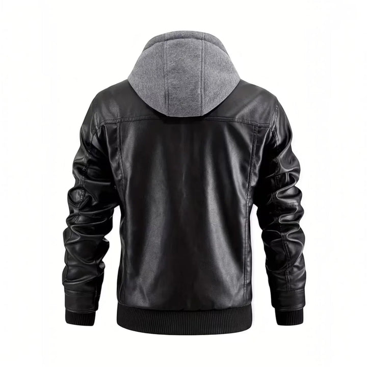 Black men's hooded bomber jacket, faux leather style. Trendy zip-up casual outerwear for everyday wear.