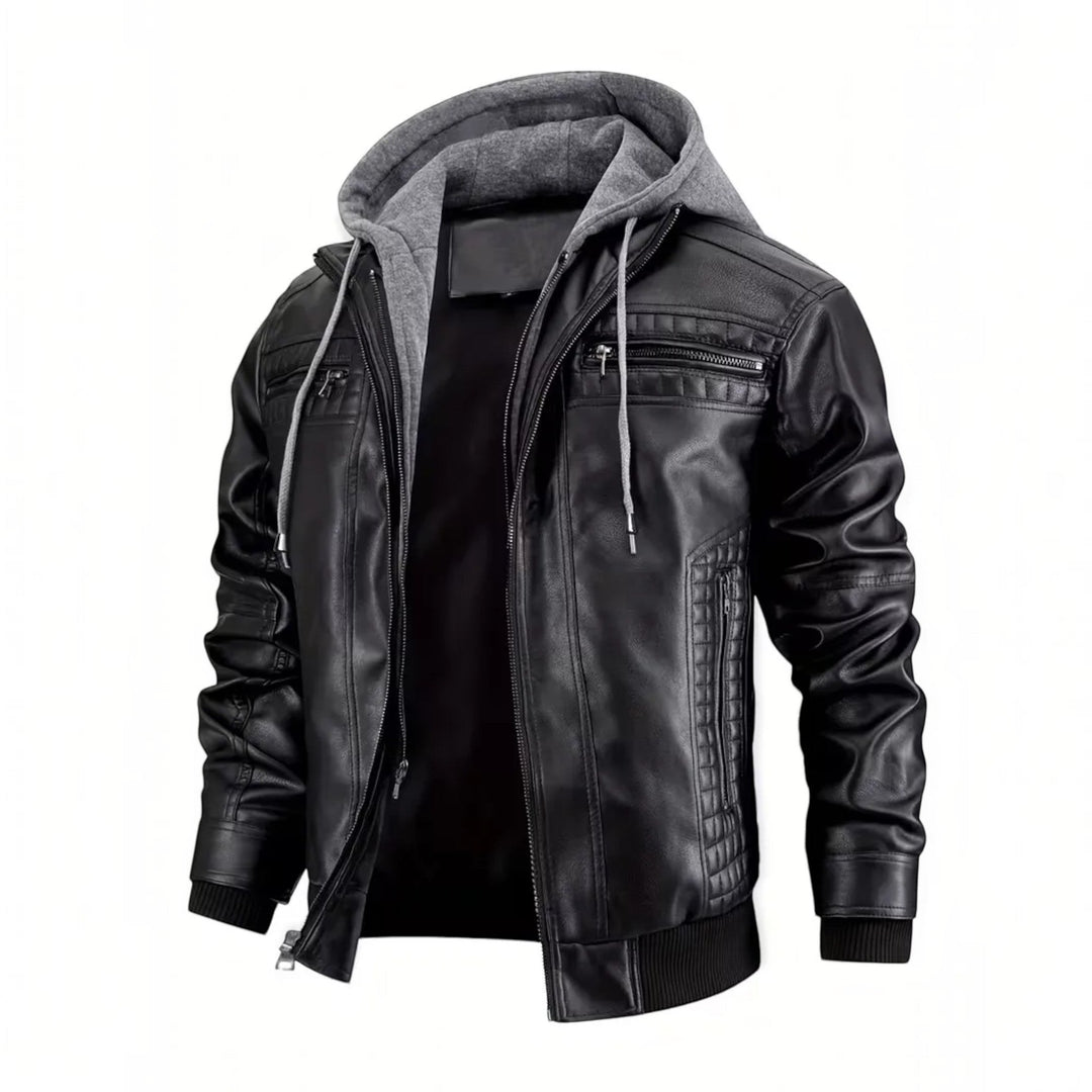 Versatile men's leather-look bomber jacket with a comfortable hood and full zip closure, stylish fashion.