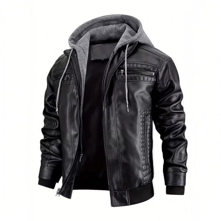Versatile men's leather-look bomber jacket with a comfortable hood and full zip closure, stylish fashion.