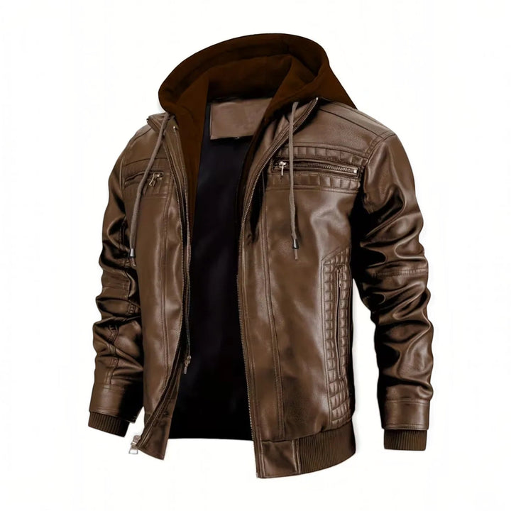 Stylish men's black hooded bomber jacket, leather-look design. Perfect casual outerwear with zip front.