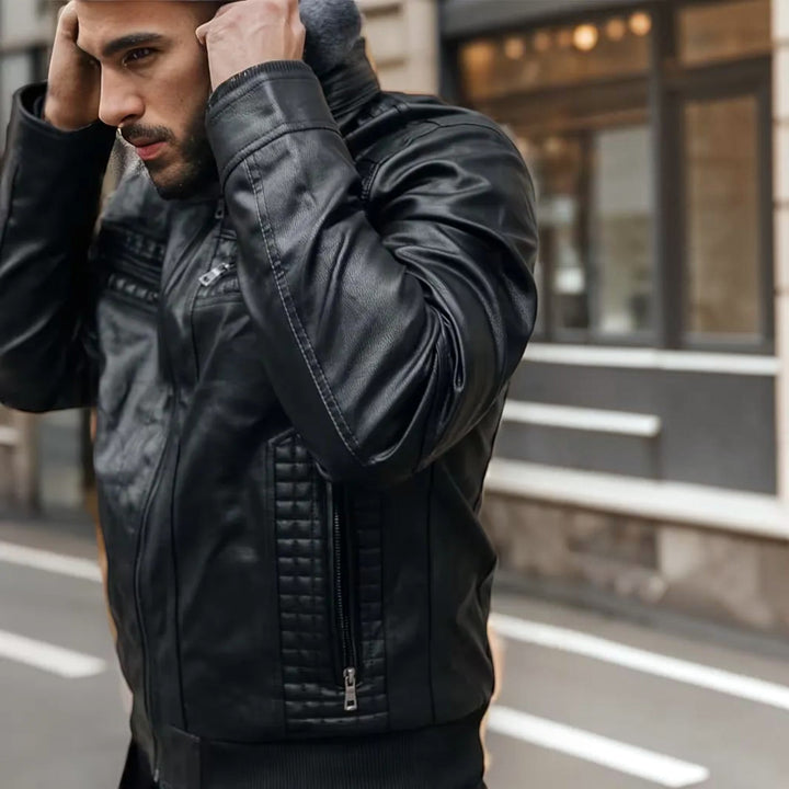Dark brown men's casual hooded bomber jacket, faux leather look. Features a robust zip for everyday style.
