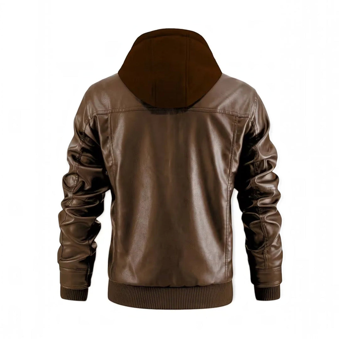 Fashionable men's leather-look bomber jacket, complete with an attached hood and practical zip closure.