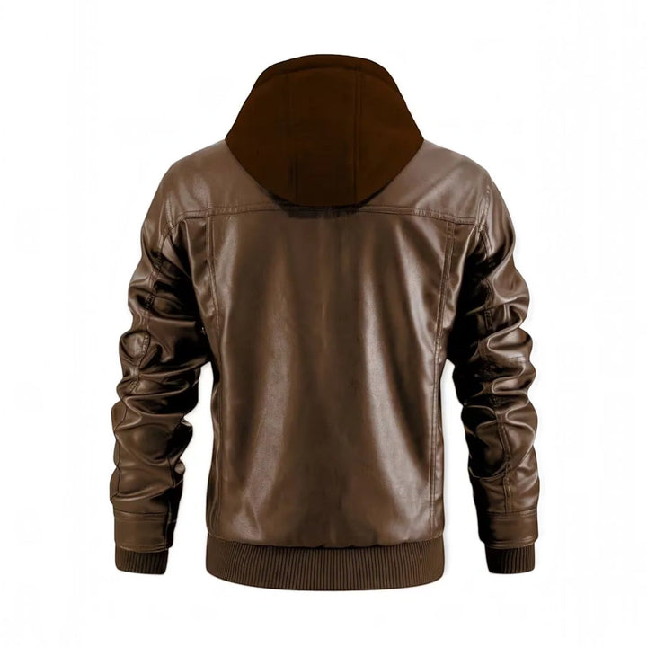 Fashionable men's leather-look bomber jacket, complete with an attached hood and practical zip closure.