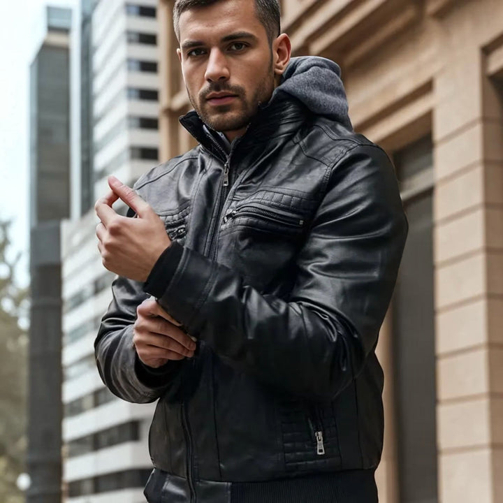 Modern men's black bomber jacket, leather-look finish. Hooded design with a full zip for versatile wear.