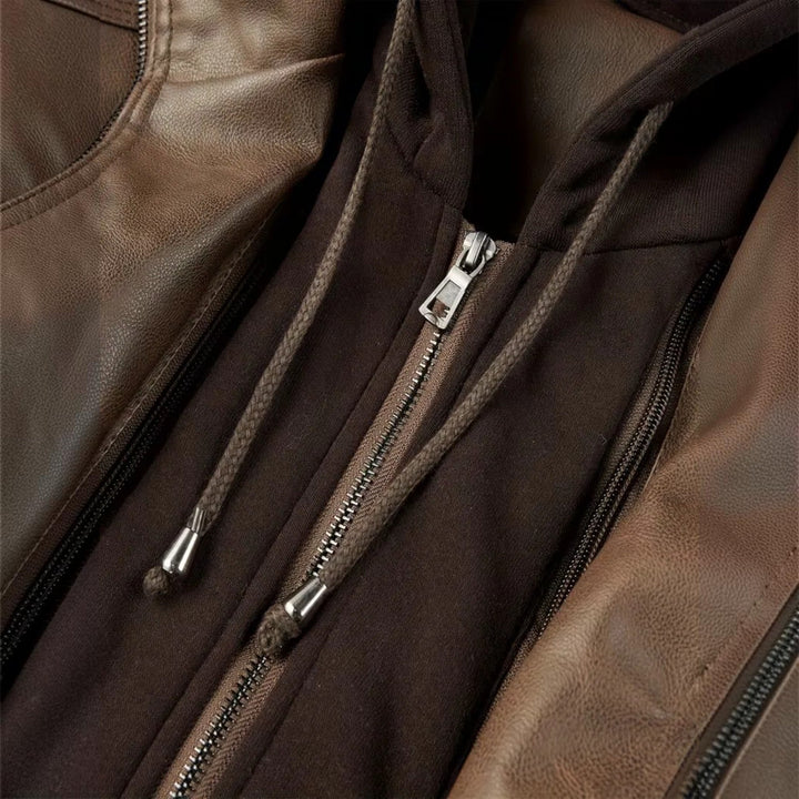 Men's stylish dark brown hooded bomber jacket, leather look material. Zip-up casual outerwear for all seasons.