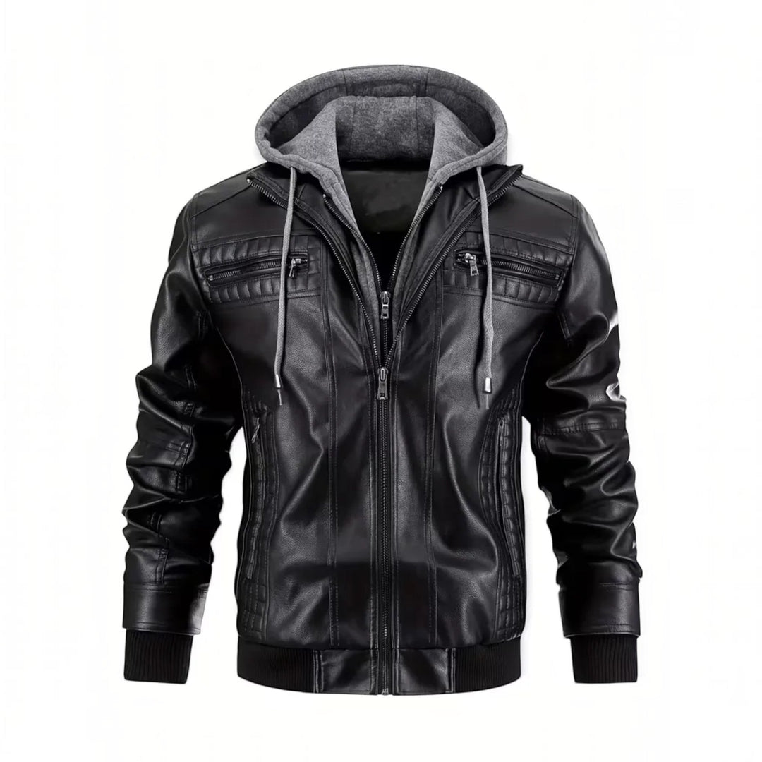 Trendy men's leather-look hooded jacket in black. Bomber style with a front zip, ideal for casual fashion.