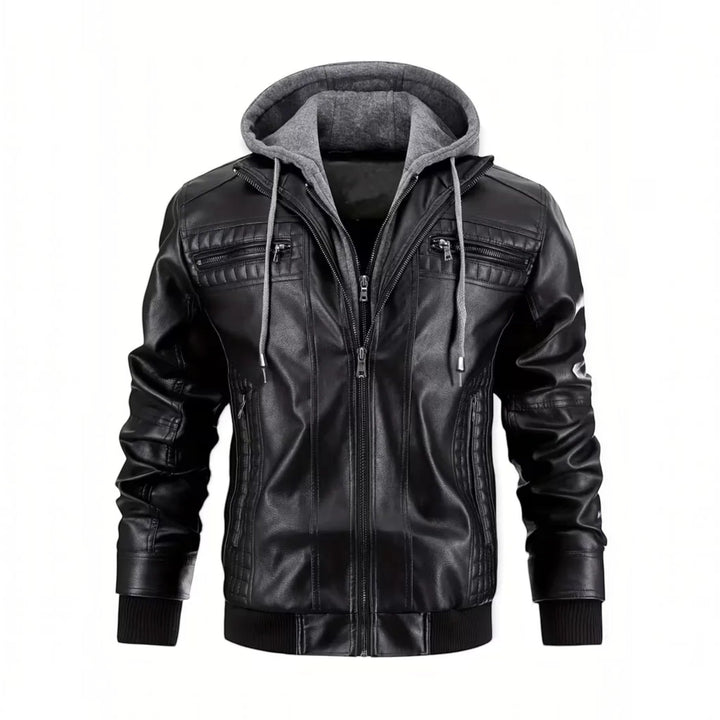 Trendy men's leather-look hooded jacket in black. Bomber style with a front zip, ideal for casual fashion.