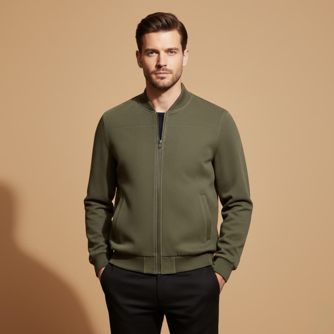 Close-up of men's bomber jacket, showing durable front zip closure. Versatile outerwear for spring & fall.