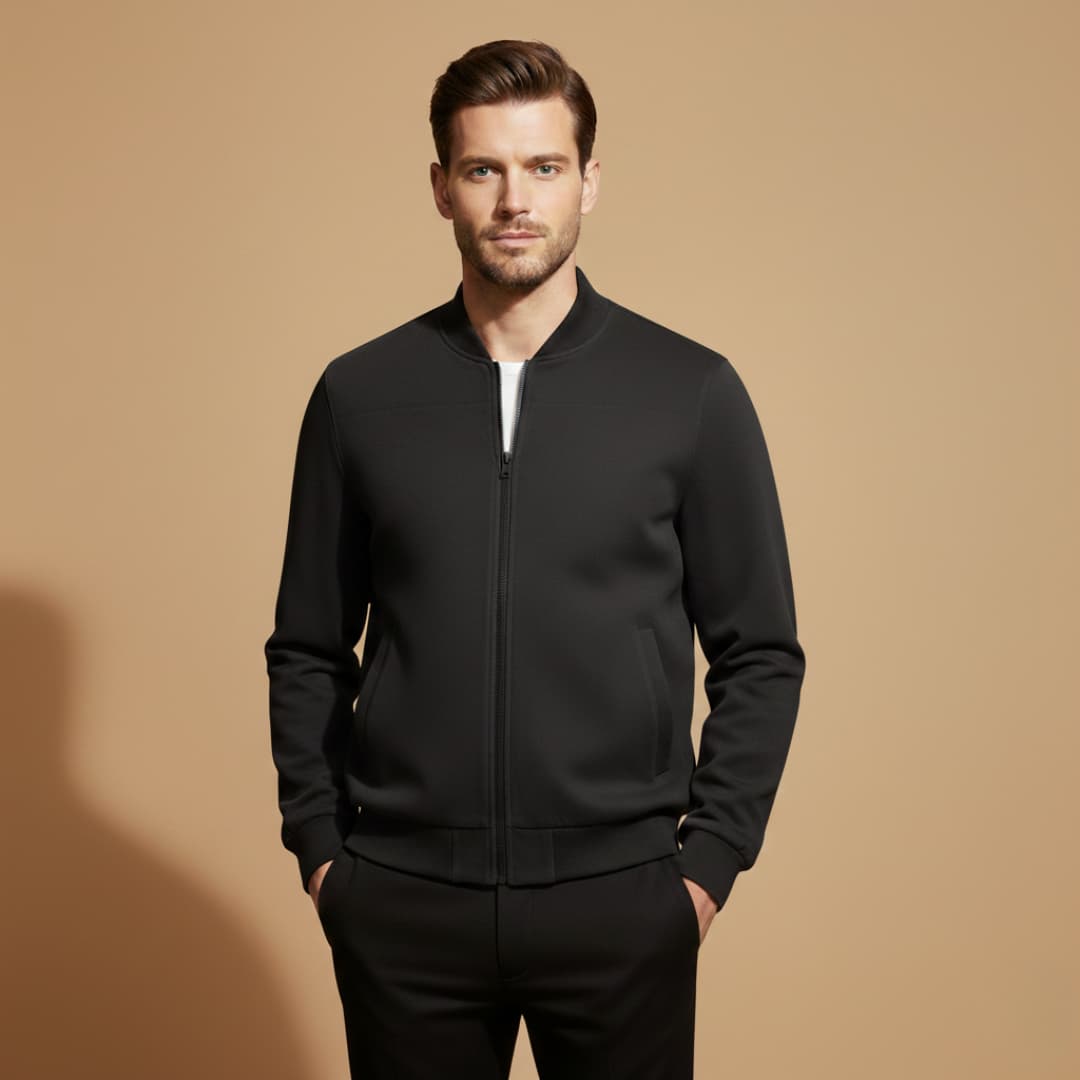 Back view of a sleek men's everyday bomber jacket, showcasing its comfortable fit. Ideal casual fall outerwear.