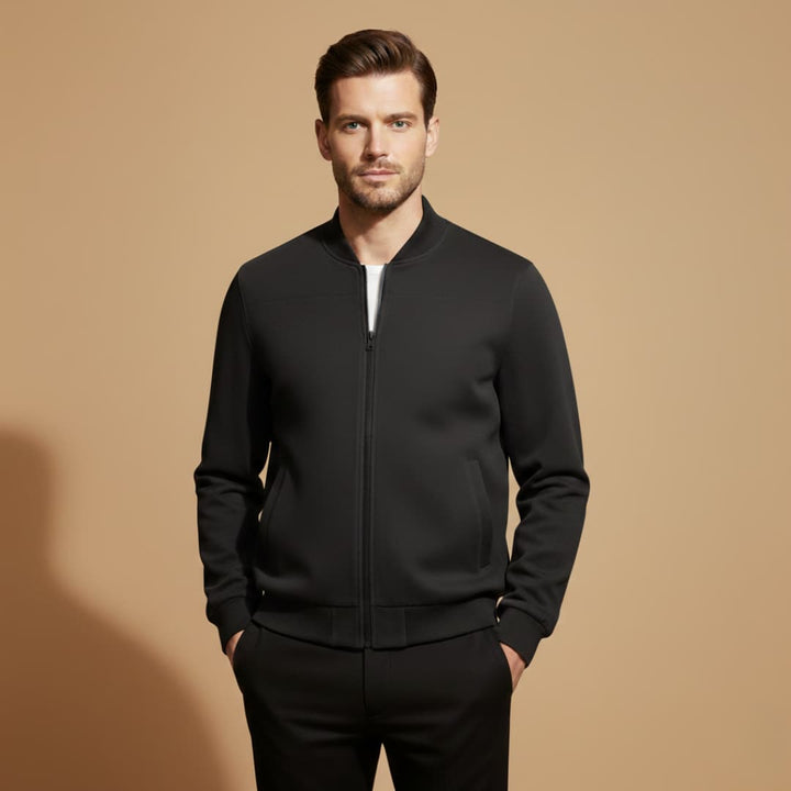 Back view of a sleek men's everyday bomber jacket, showcasing its comfortable fit. Ideal casual fall outerwear.