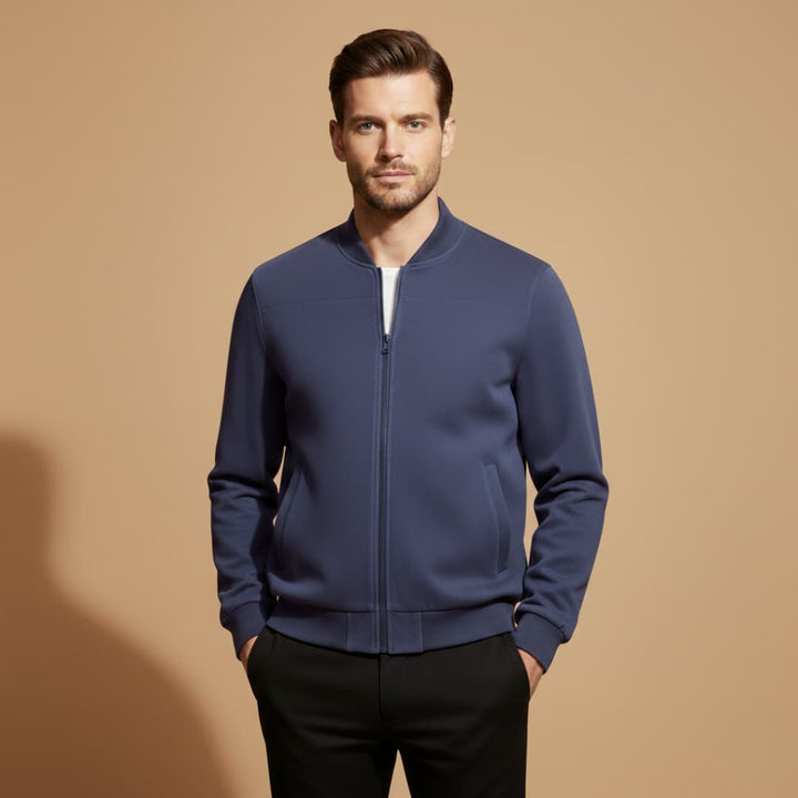 Stylish dark men's front-zip bomber jacket, an essential piece of everyday outerwear for fall and spring.