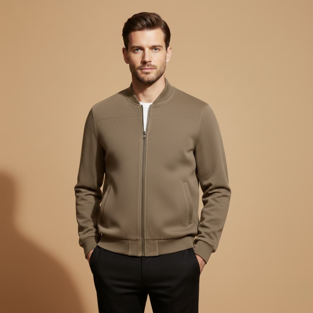 Versatile men's bomber jacket, a stylish zip-up outerwear perfect for everyday casual looks in spring or fall.