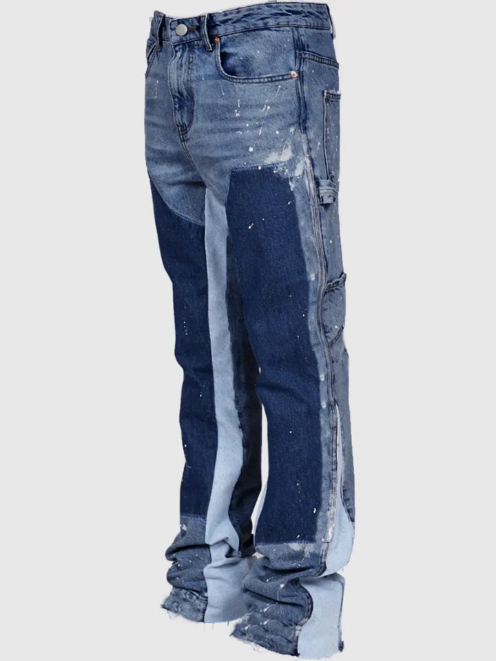 Men's comfortable flared denim jeans featuring a distinct layered look, ideal for modern casual outfits.