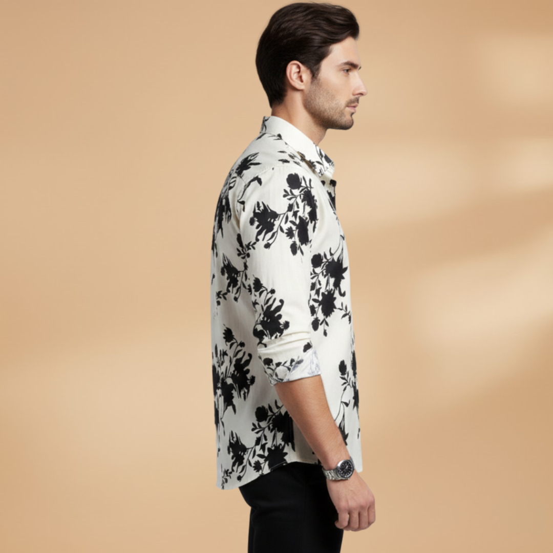 Man wearing a trendy mens floral long sleeve button-down shirt, showcasing its fit.