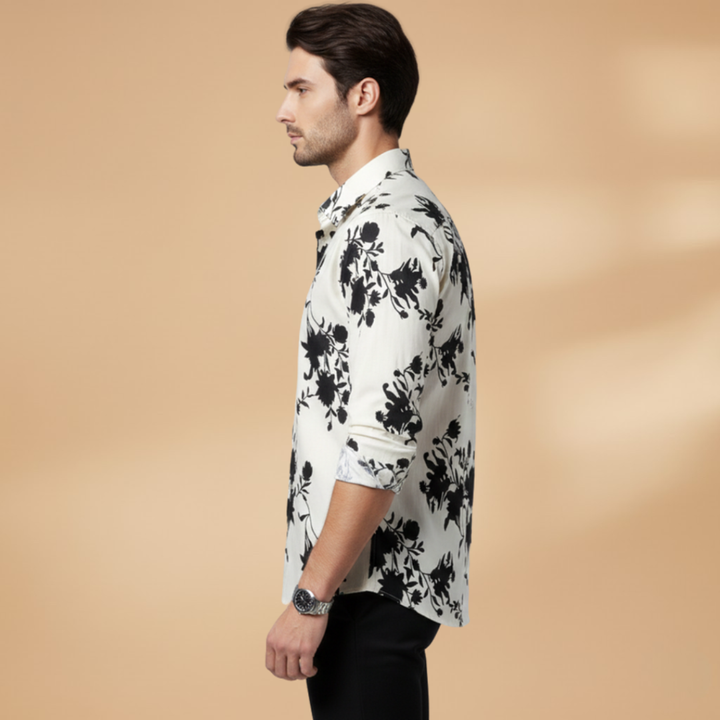 Casual outfit featuring a men's floral long sleeve button-down shirt, perfect for day or night.
