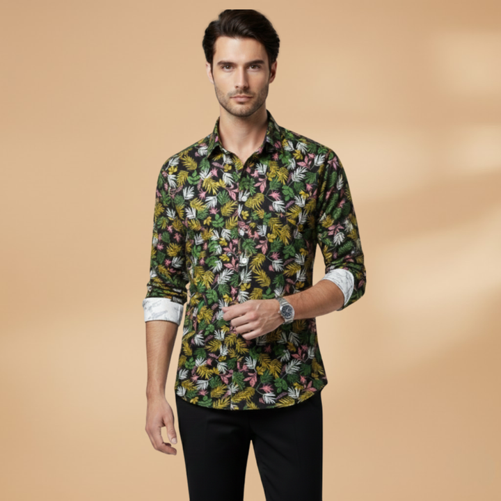 Side view of a men's casual wear floral long sleeve button-down shirt.