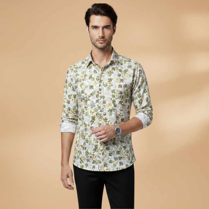 Stylish mens fashion: a versatile floral patterned long sleeve button-down shirt.