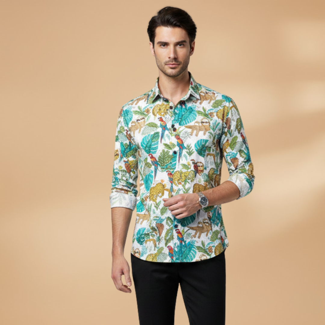 Back view of a men's long sleeve button-down shirt with a bold floral design.