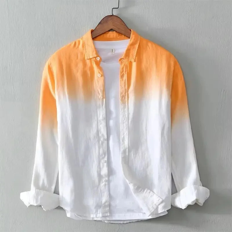 Men's stylish gradient ombre long sleeve relaxed fit shirt, perfect for casual modern weekend wear or summer outings.