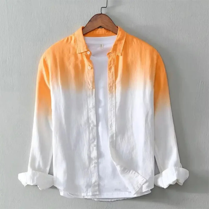 Men's stylish gradient ombre long sleeve relaxed fit shirt, perfect for casual modern weekend wear or summer outings.