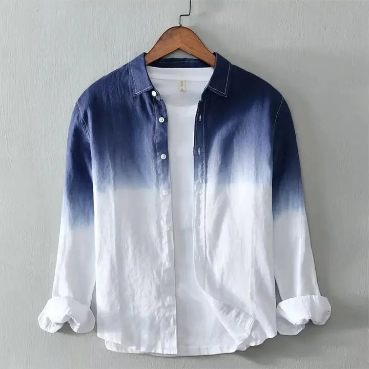 Casual men's gradient ombre button front shirt with a relaxed fit, featuring a stylish summer color blend.