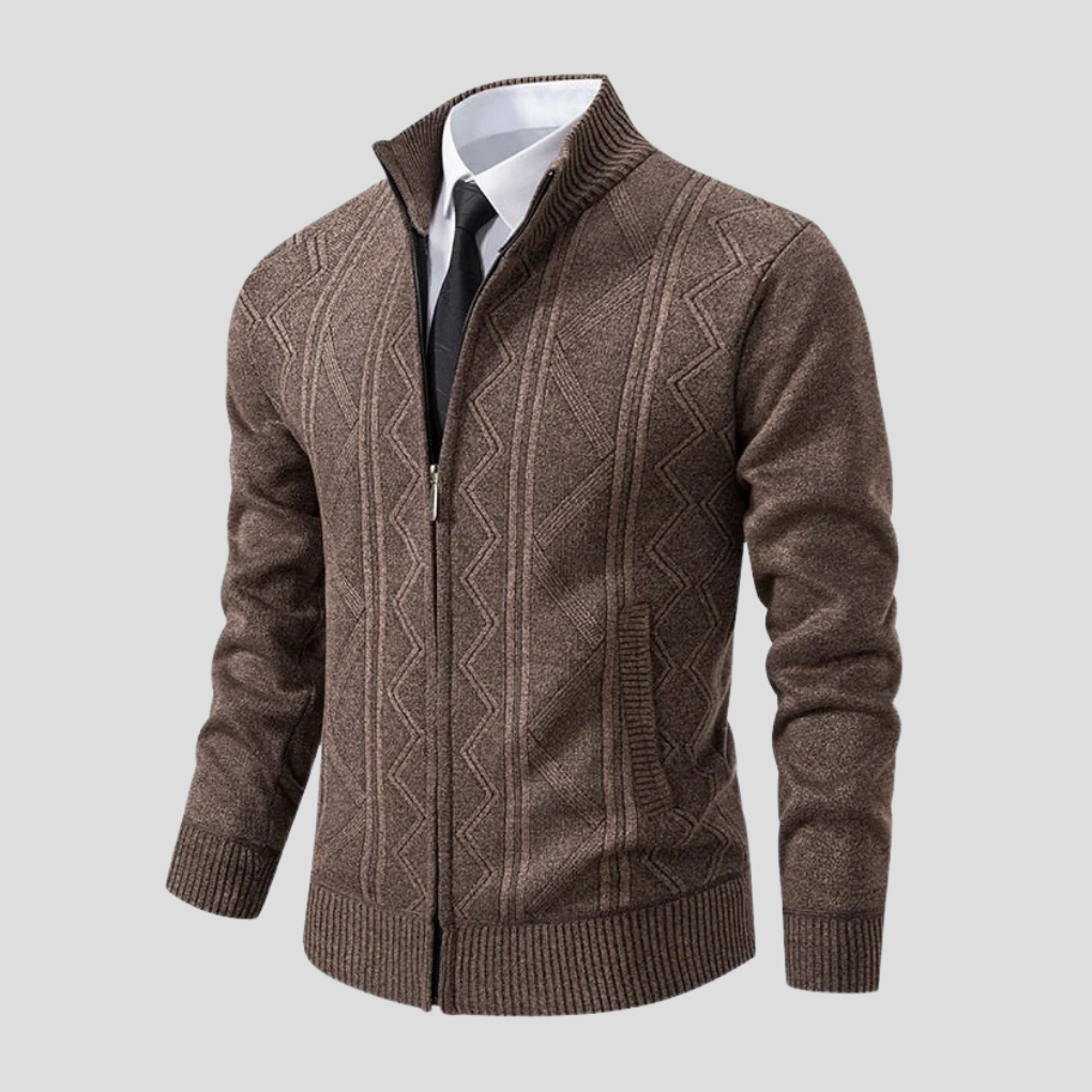 Men's stylish grey knit cardigan, open front, long sleeve, perfect versatile layering piece for fall and winter.