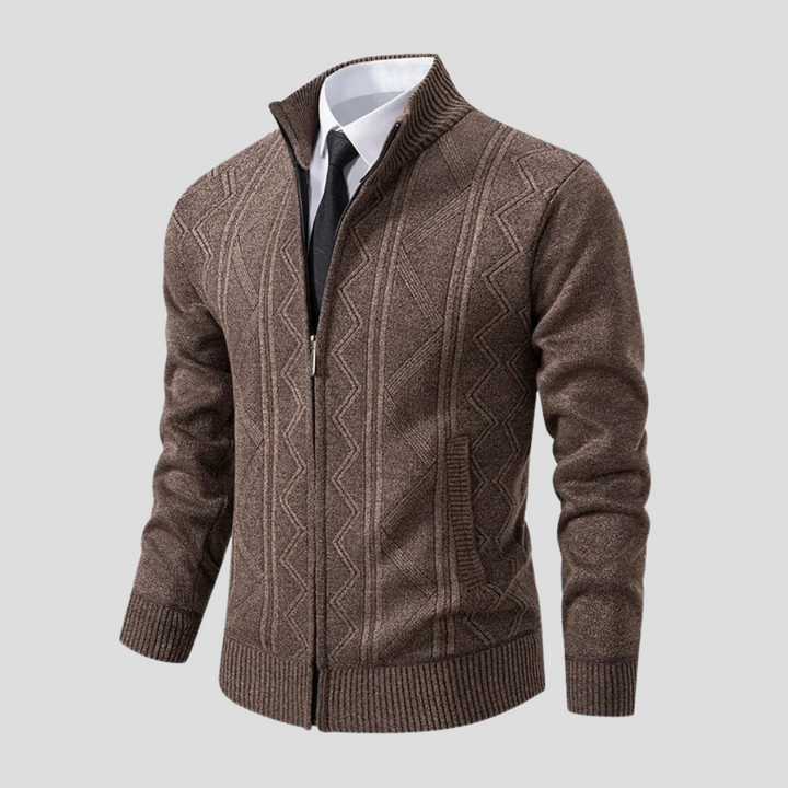 Men's stylish grey knit cardigan, open front, long sleeve, perfect versatile layering piece for fall and winter.