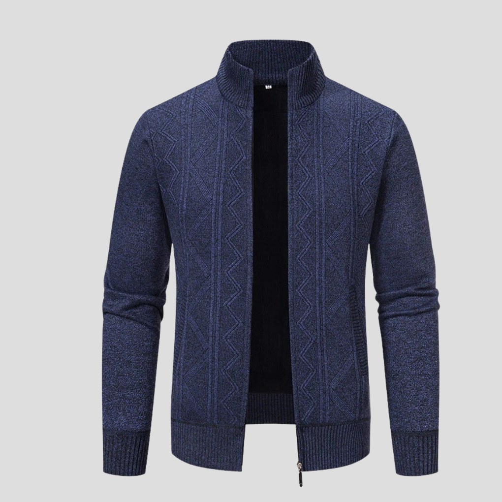 Stylish men's knit cardigan, an essential open-front layering piece for comfortable casual fall and winter fashion.