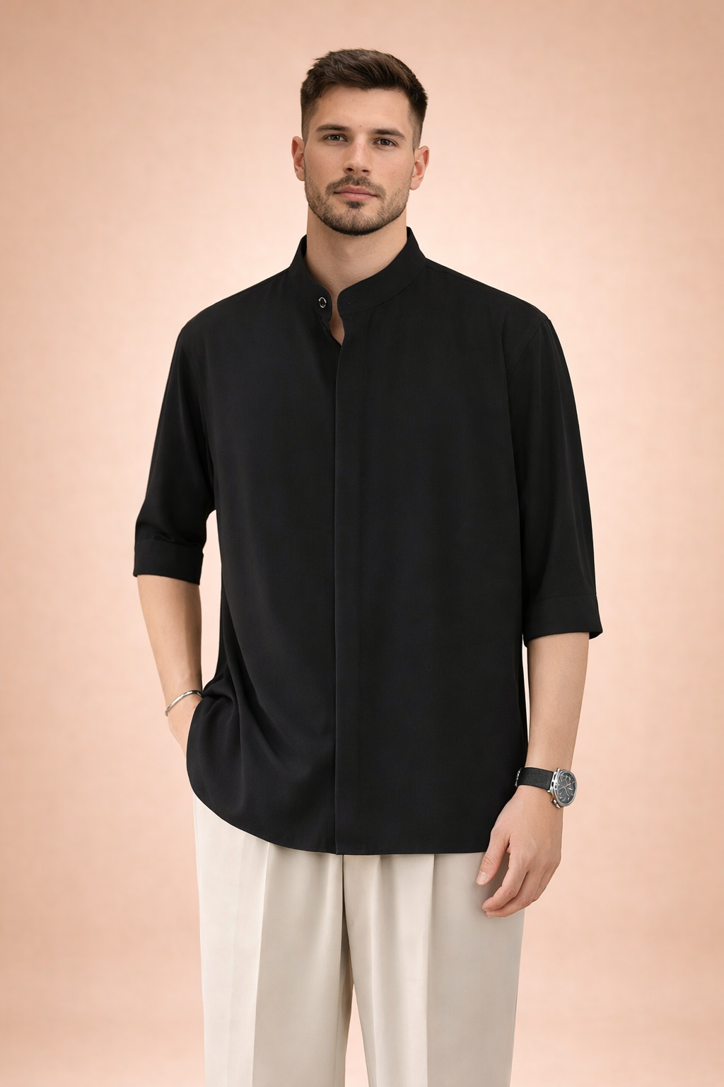 Men's stylish half sleeve shirt with stand-up collar and button front, perfect for a smart casual and modern look.