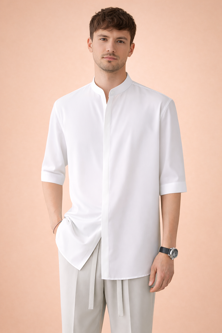 Versatile men's half sleeve stand-up collar shirt. Ideal for smart casual wear, offering a polished, modern look.