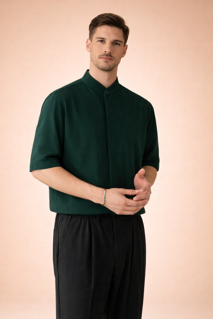 Minimalist men's half sleeve shirt, featuring a stand-up collar and button front for effortless smart casual style.